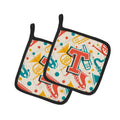 Letter T Retro Teal Orange Musical Instruments Initial Pot Holder Set of 2 Heat Resistant Quilted Hot Pads 7.5 x 7.5 Inch, Insulated Kitchen Trivets for Cooking & Baking