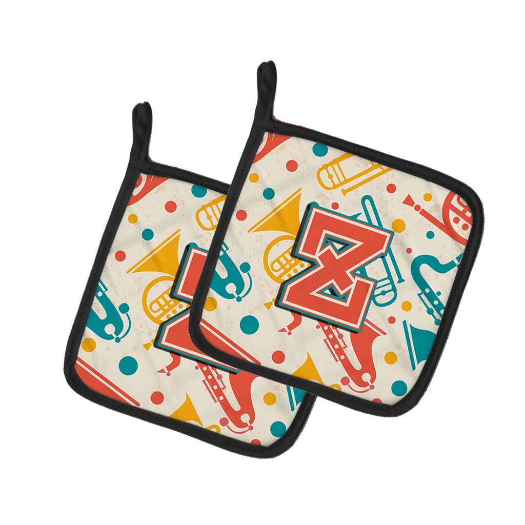 Letter Z Retro Teal Orange Musical Instruments Initial Pot Holder Set of 2 Heat Resistant Quilted Hot Pads 7.5 x 7.5 Inch, Insulated Kitchen Trivets for Cooking & Baking