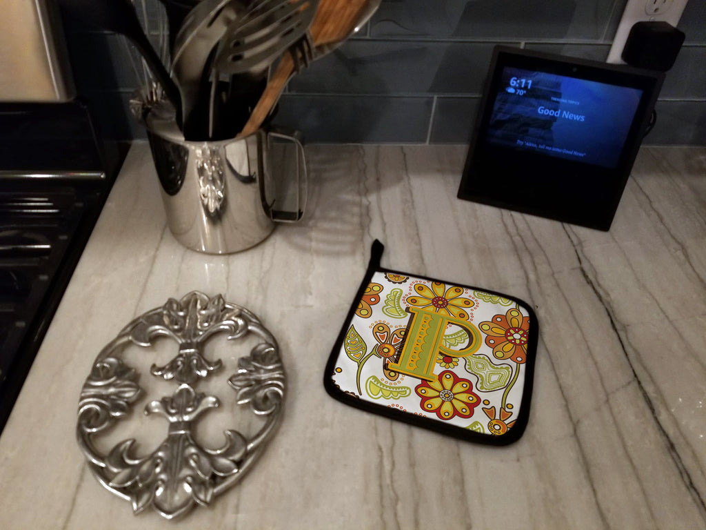 Letter P Floral Mustard and Green Pot Holder Set of 2 Heat Resistant Quilted Hot Pads 7.5 x 7.5 Inch, Insulated Kitchen Trivets for Cooking & Baking