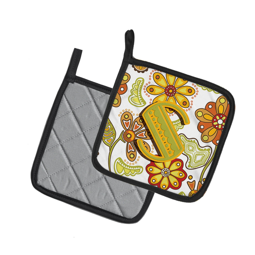 Letter S Floral Mustard and Green Pot Holder Set of 2 Heat Resistant Quilted Hot Pads 7.5 x 7.5 Inch, Insulated Kitchen Trivets for Cooking & Baking