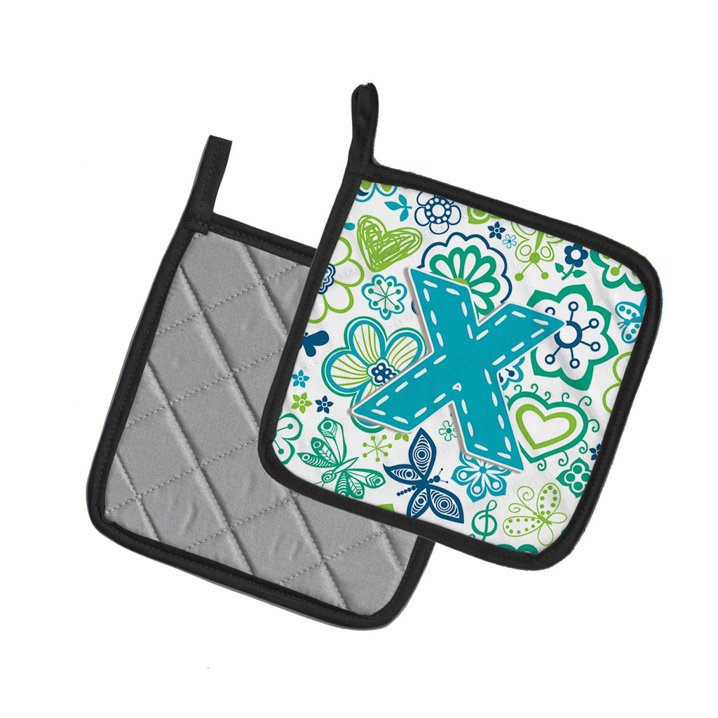 Letter X Flowers and Butterflies Teal Blue Pot Holder Set of 2 Heat Resistant Quilted Hot Pads 7.5 x 7.5 Inch, Insulated Kitchen Trivets for Cooking & Baking