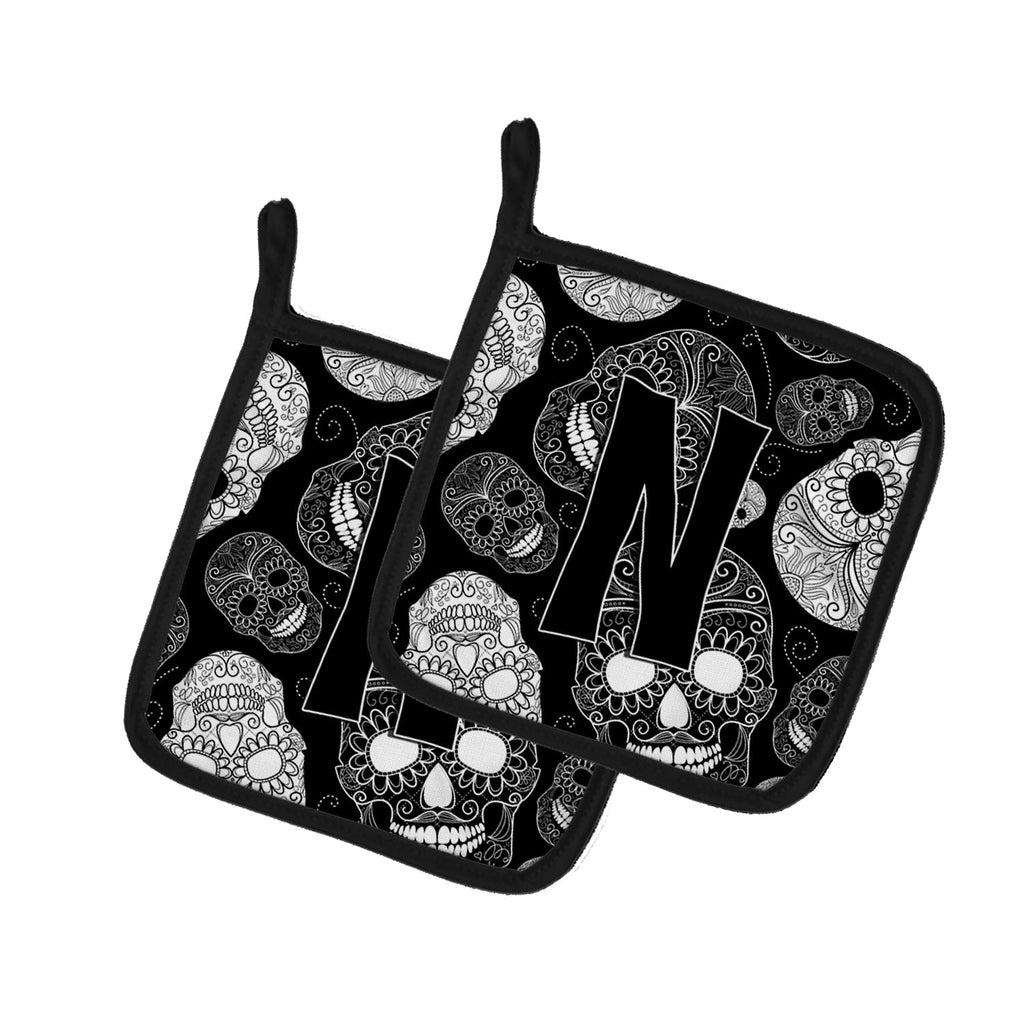 Letter N Day of the Dead Skulls Black Pot Holder Set of 2 Heat Resistant Quilted Hot Pads 7.5 x 7.5 Inch, Insulated Kitchen Trivets for Cooking & Baking