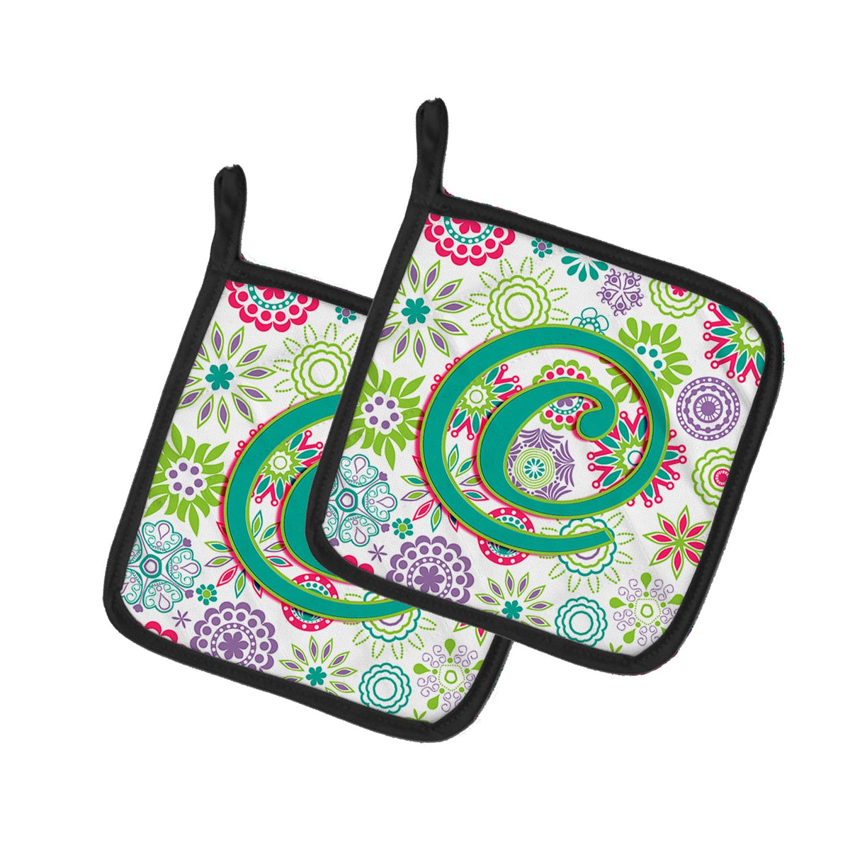 Letter C Flowers Pink Teal Green Initial Pot Holder Set of 2 Heat Resistant Quilted Hot Pads 7.5 x 7.5 Inch, Insulated Kitchen Trivets for Cooking & Baking