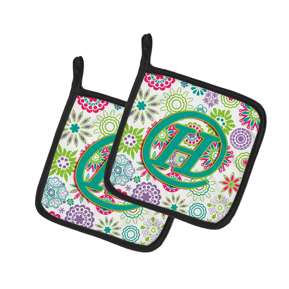 Letter H Flowers Pink Teal Green Initial Pot Holder Set of 2 Heat Resistant Quilted Hot Pads 7.5 x 7.5 Inch, Insulated Kitchen Trivets for Cooking & Baking