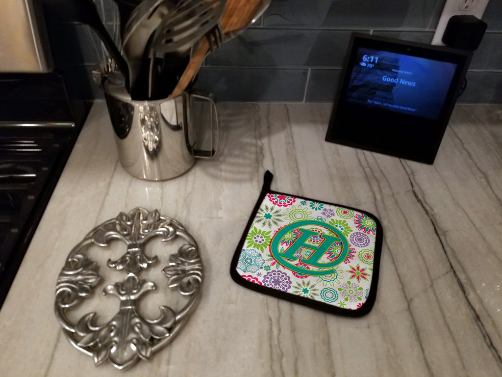 Letter H Flowers Pink Teal Green Initial Pot Holder Set of 2 Heat Resistant Quilted Hot Pads 7.5 x 7.5 Inch, Insulated Kitchen Trivets for Cooking & Baking