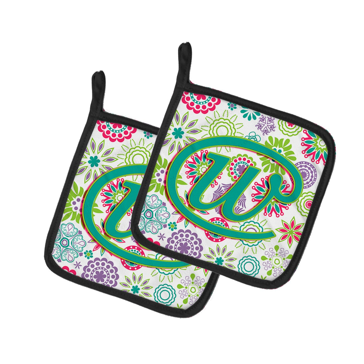 Letter W Flowers Pink Teal Green Initial Pot Holder Set of 2 Heat Resistant Quilted Hot Pads 7.5 x 7.5 Inch, Insulated Kitchen Trivets for Cooking & Baking