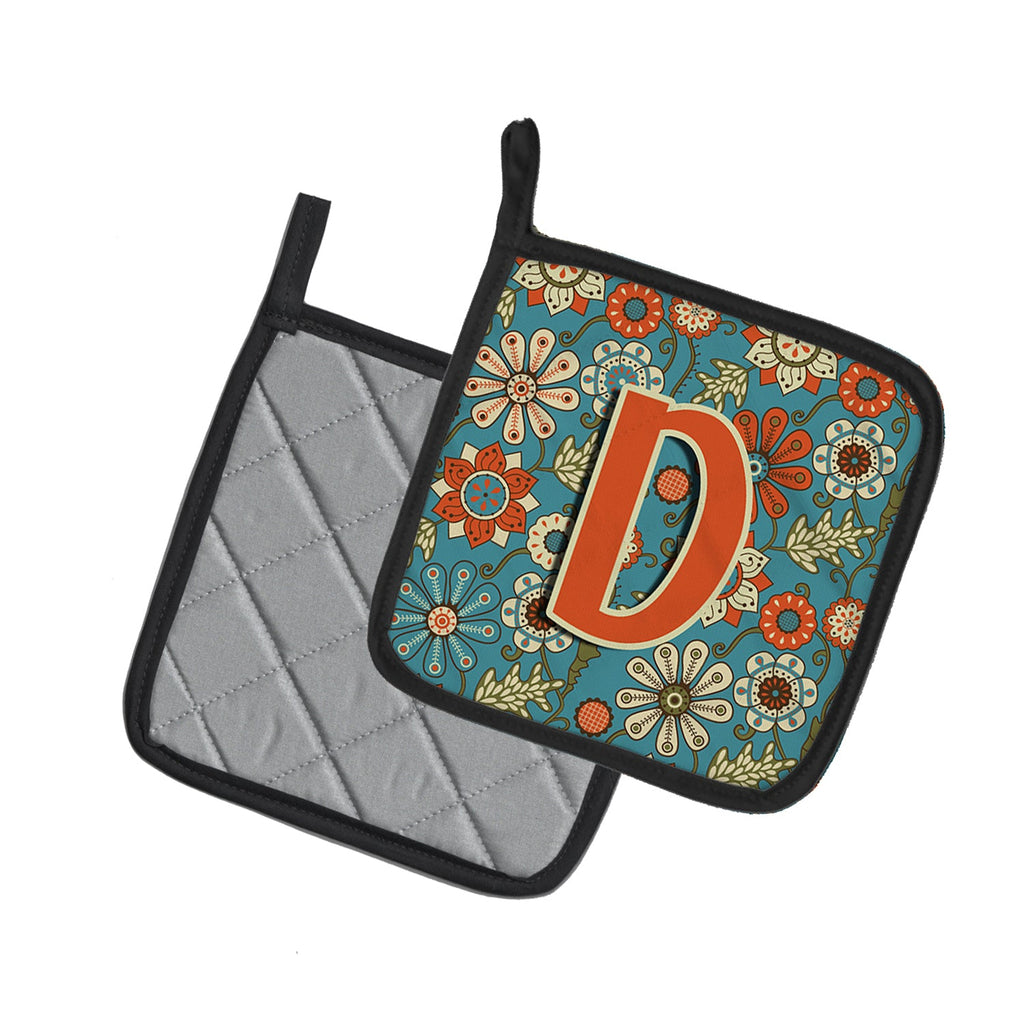 Letter D Flowers Retro Blue Pot Holder Set of 2 Heat Resistant Quilted Hot Pads 7.5 x 7.5 Inch, Insulated Kitchen Trivets for Cooking & Baking