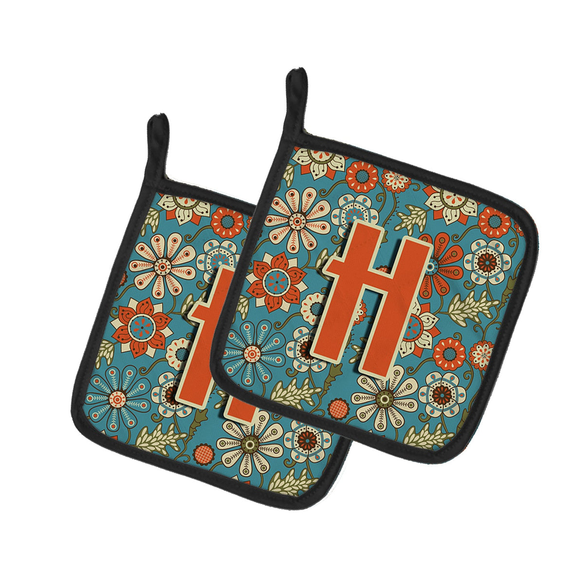 Letter H Flowers Retro Blue Pot Holder Set of 2 Heat Resistant Quilted Hot Pads 7.5 x 7.5 Inch, Insulated Kitchen Trivets for Cooking & Baking