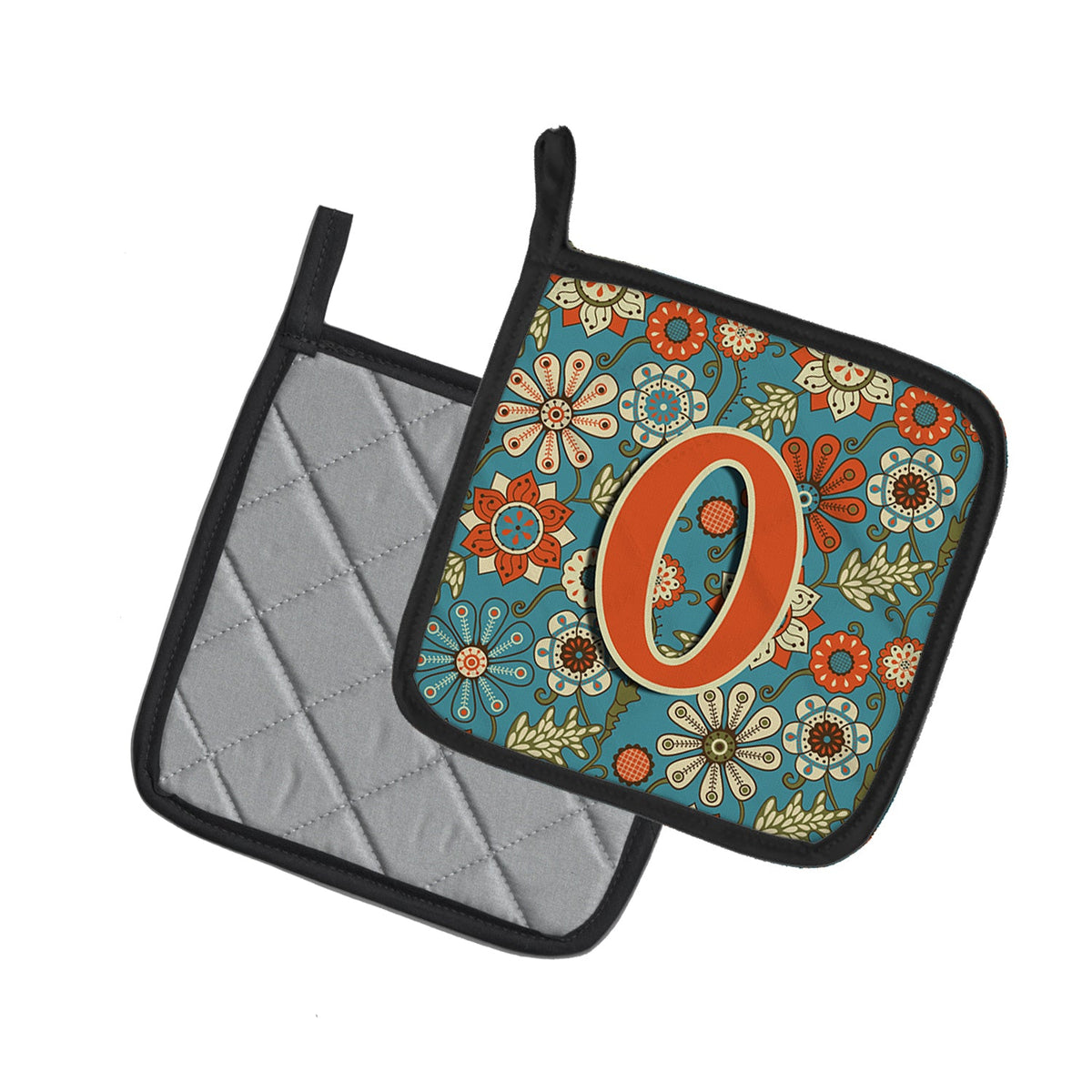 Letter O Flowers Retro Blue Pot Holder Set of 2 Heat Resistant Quilted Hot Pads 7.5 x 7.5 Inch, Insulated Kitchen Trivets for Cooking & Baking