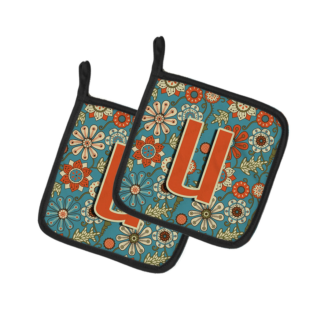 Letter U Flowers Retro Blue Pot Holder Set of 2 Heat Resistant Quilted Hot Pads 7.5 x 7.5 Inch, Insulated Kitchen Trivets for Cooking & Baking