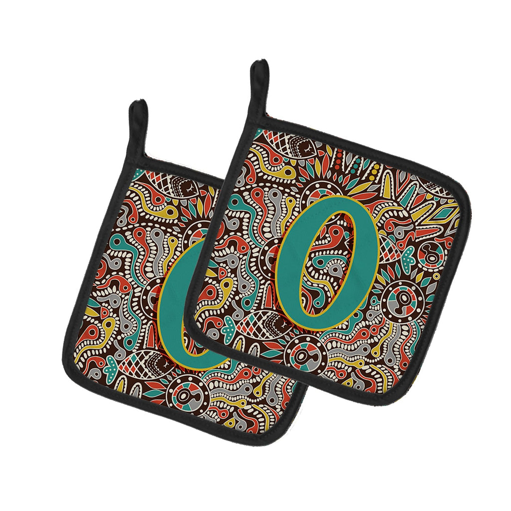 Letter O Retro Tribal Alphabet Initial Pot Holder Set of 2 Heat Resistant Quilted Hot Pads 7.5 x 7.5 Inch, Insulated Kitchen Trivets for Cooking & Baking