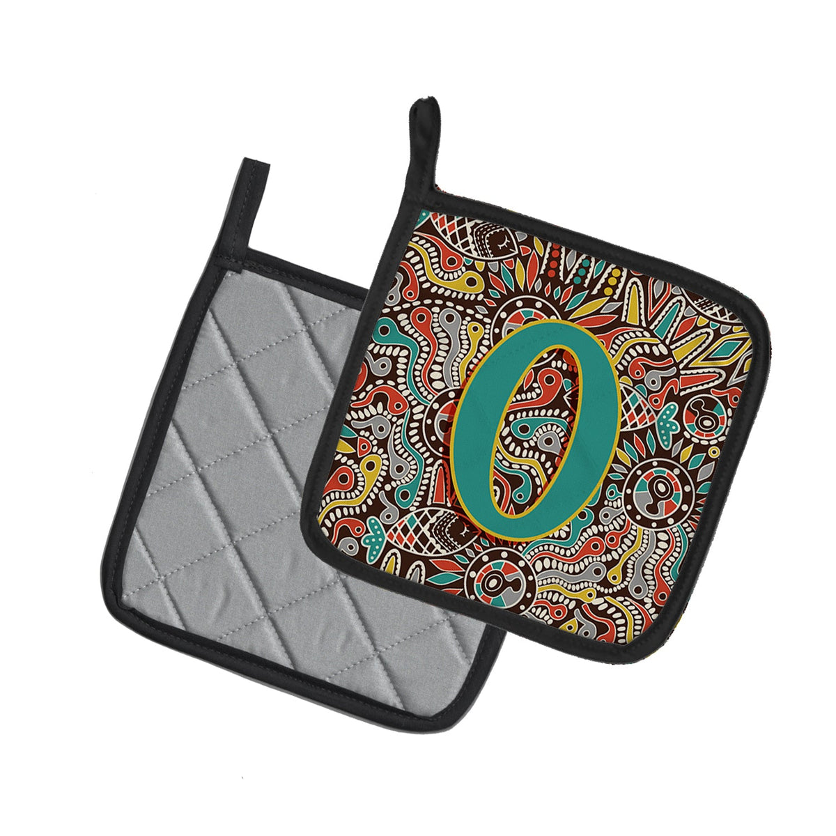 Letter O Retro Tribal Alphabet Initial Pot Holder Set of 2 Heat Resistant Quilted Hot Pads 7.5 x 7.5 Inch, Insulated Kitchen Trivets for Cooking & Baking