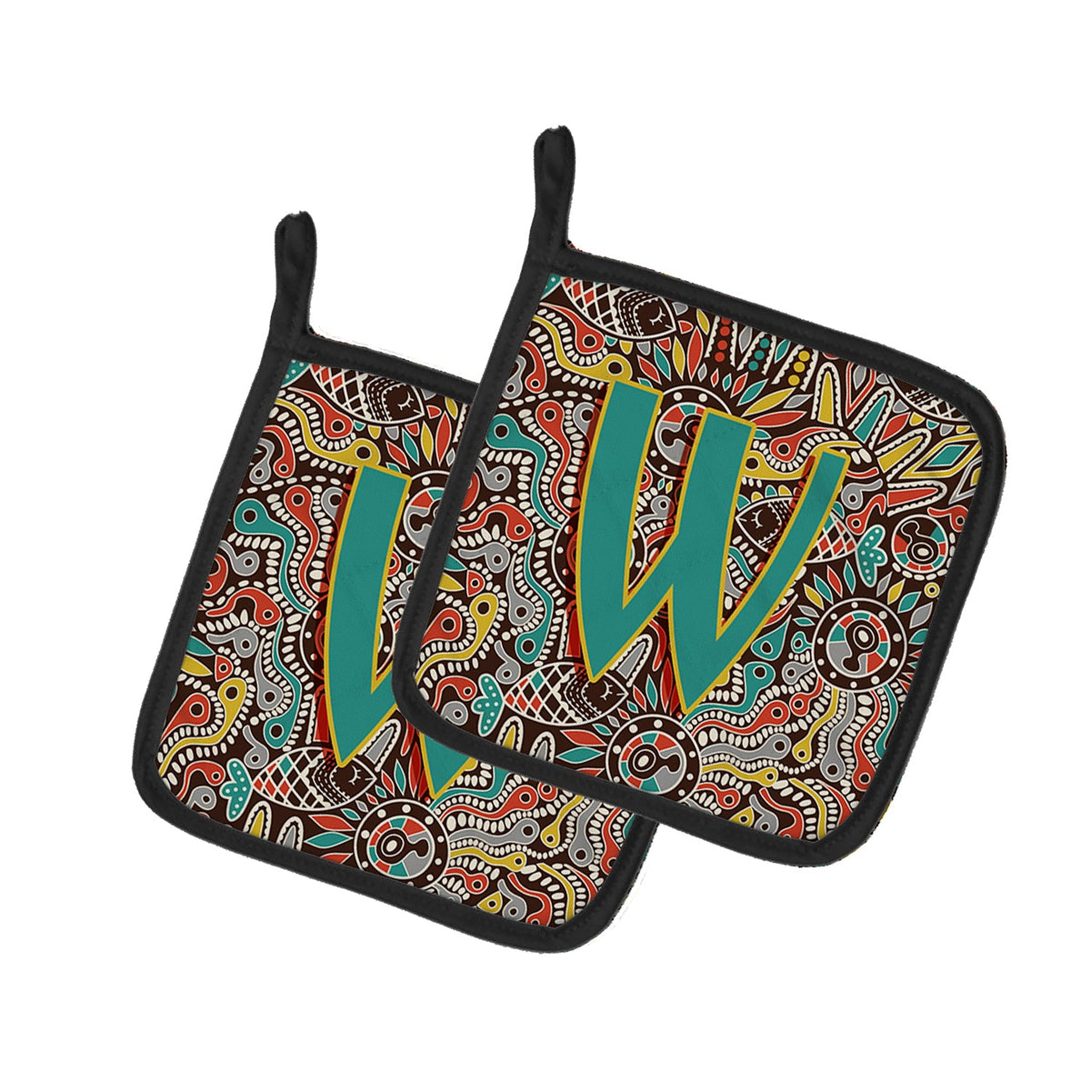 Letter W Retro Tribal Alphabet Initial Pot Holder Set of 2 Heat Resistant Quilted Hot Pads 7.5 x 7.5 Inch, Insulated Kitchen Trivets for Cooking & Baking