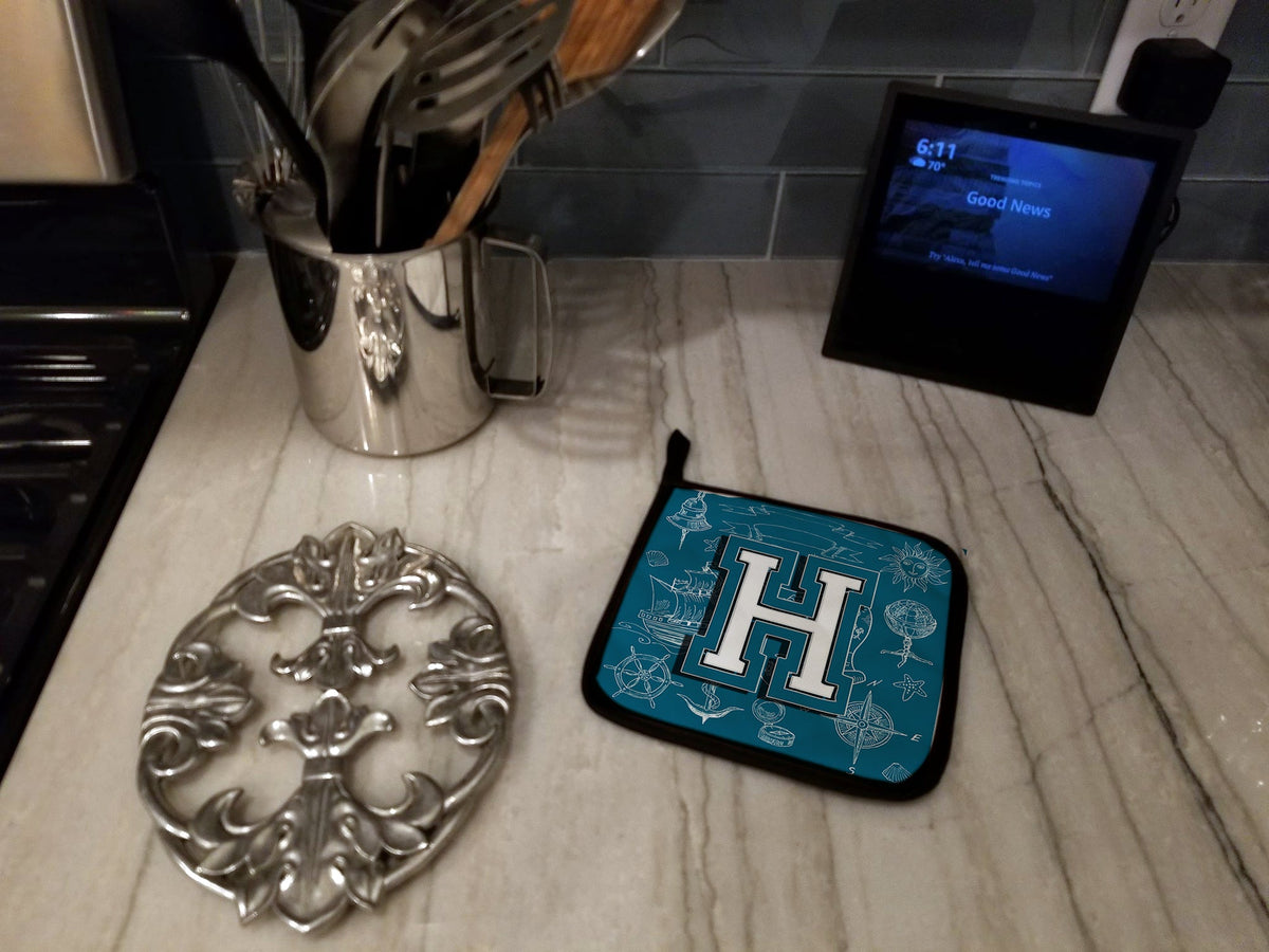 Letter H Sea Doodles Initial Alphabet Pot Holder Set of 2 Heat Resistant Quilted Hot Pads 7.5 x 7.5 Inch, Insulated Kitchen Trivets for Cooking & Baking