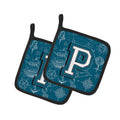 Letter P Sea Doodles Initial Alphabet Pot Holder Set of 2 Heat Resistant Quilted Hot Pads 7.5 x 7.5 Inch, Insulated Kitchen Trivets for Cooking & Baking