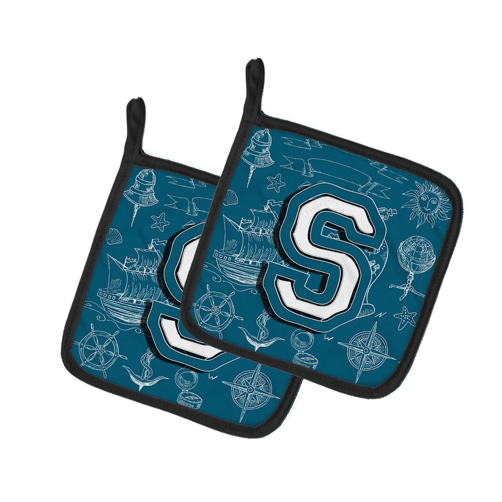 Letter S Sea Doodles Initial Alphabet Pot Holder Set of 2 Heat Resistant Quilted Hot Pads 7.5 x 7.5 Inch, Insulated Kitchen Trivets for Cooking & Baking