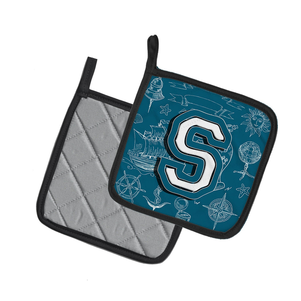 Letter S Sea Doodles Initial Alphabet Pot Holder Set of 2 Heat Resistant Quilted Hot Pads 7.5 x 7.5 Inch, Insulated Kitchen Trivets for Cooking & Baking