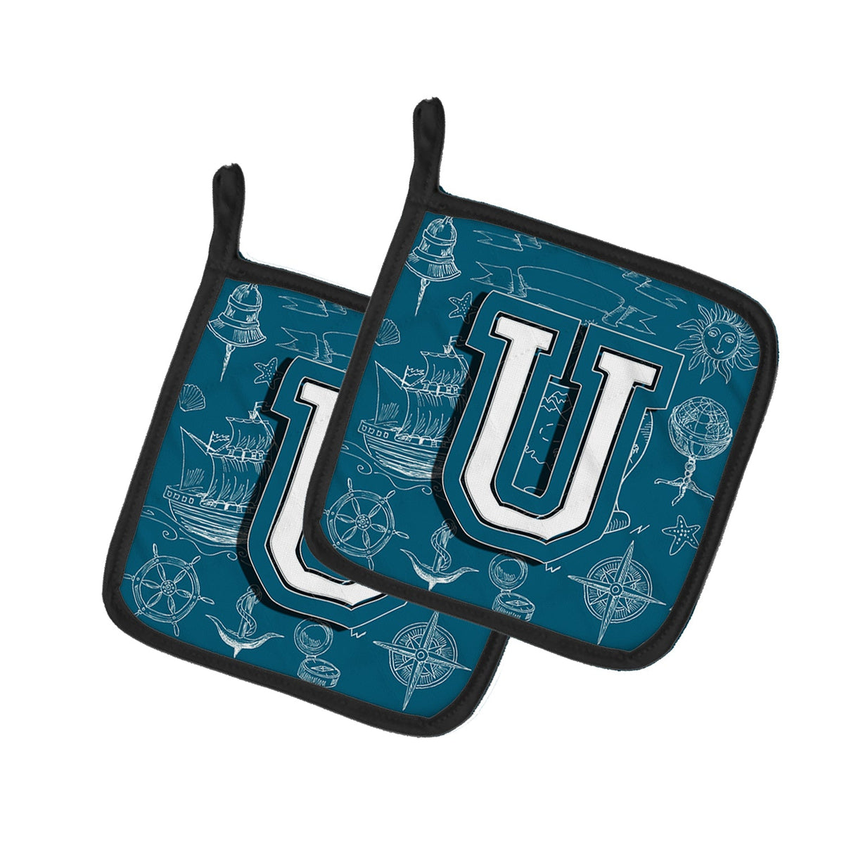 Letter U Sea Doodles Initial Alphabet Pot Holder Set of 2 Heat Resistant Quilted Hot Pads 7.5 x 7.5 Inch, Insulated Kitchen Trivets for Cooking & Baking