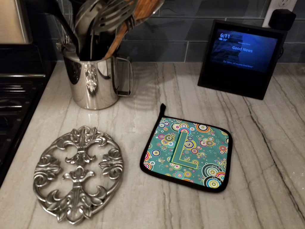 Letter L Circle Circle Teal Initial Alphabet Pot Holder Set of 2 Heat Resistant Quilted Hot Pads 7.5 x 7.5 Inch, Insulated Kitchen Trivets for Cooking & Baking