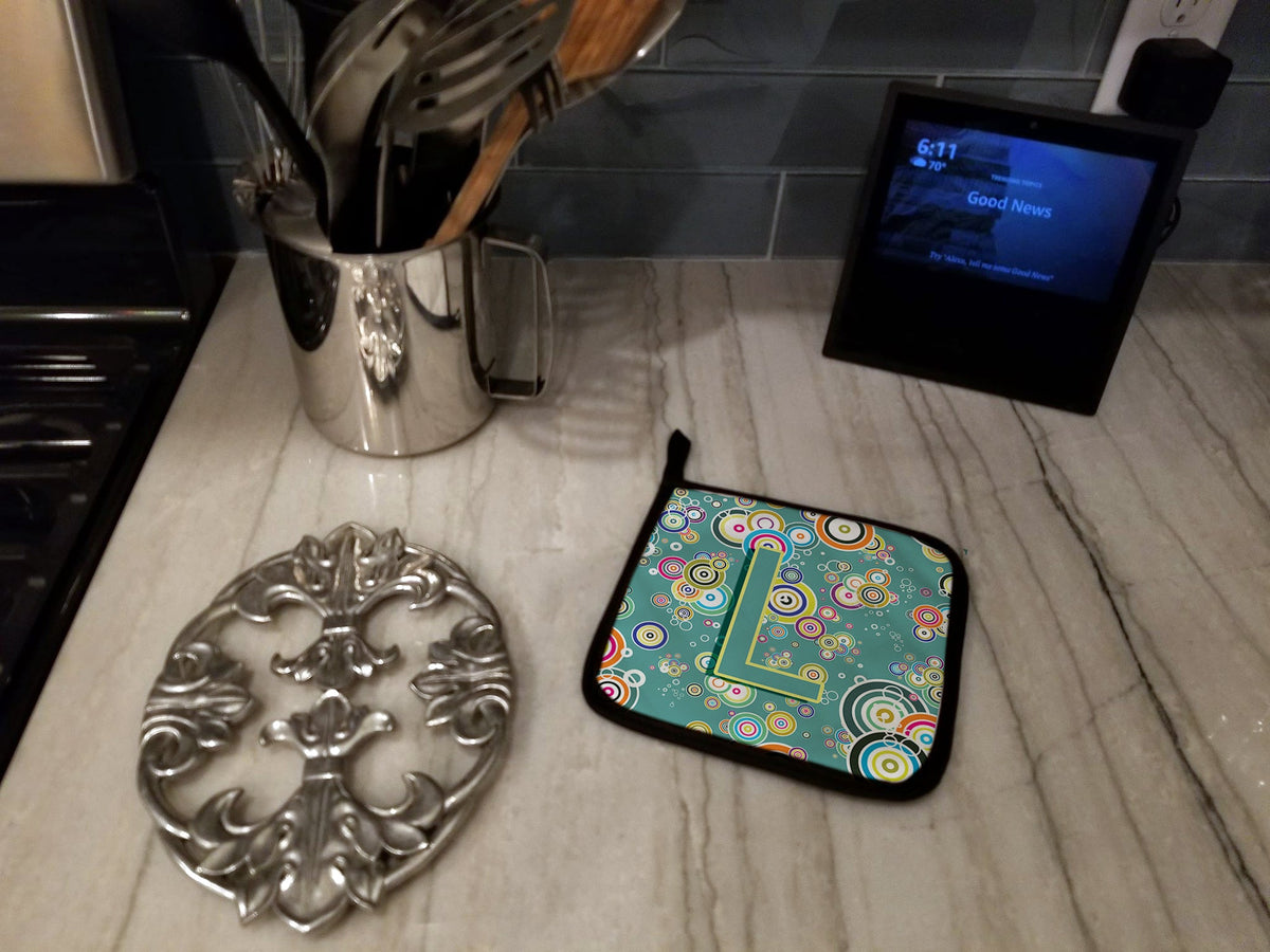 Letter L Circle Circle Teal Initial Alphabet Pot Holder Set of 2 Heat Resistant Quilted Hot Pads 7.5 x 7.5 Inch, Insulated Kitchen Trivets for Cooking & Baking