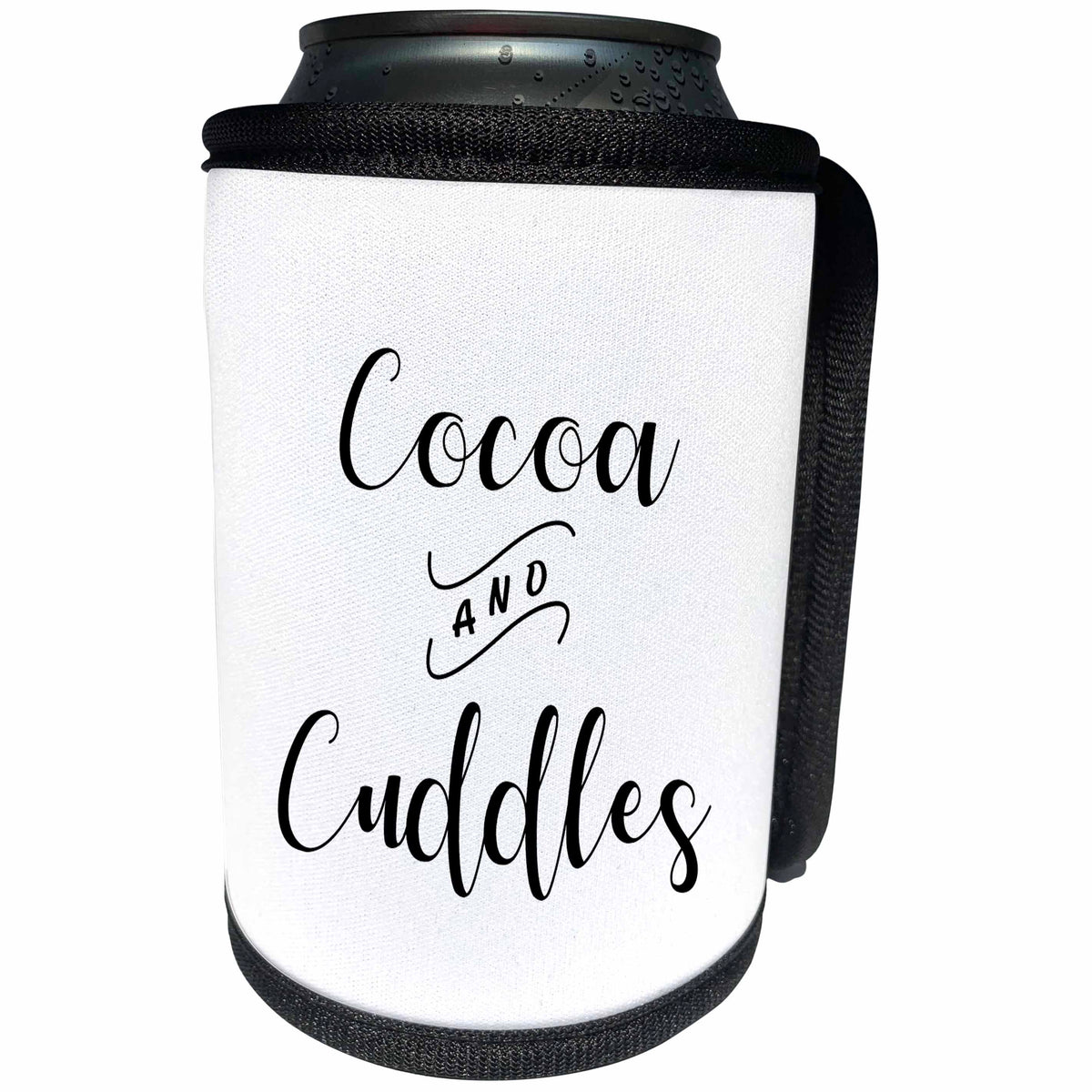 3dRose Cocoa and Cuddles. White script on a black background. - Can Cooler Bottle Wrap (cc_328277)