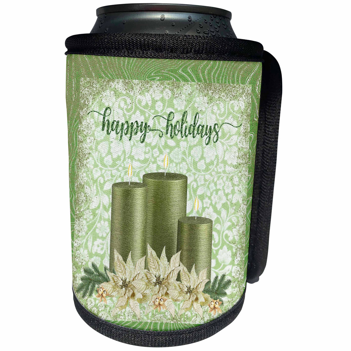 3dRose Three Green Candles with White Poinsettias, Happy... - Can Cooler Bottle Wrap (cc_328308)