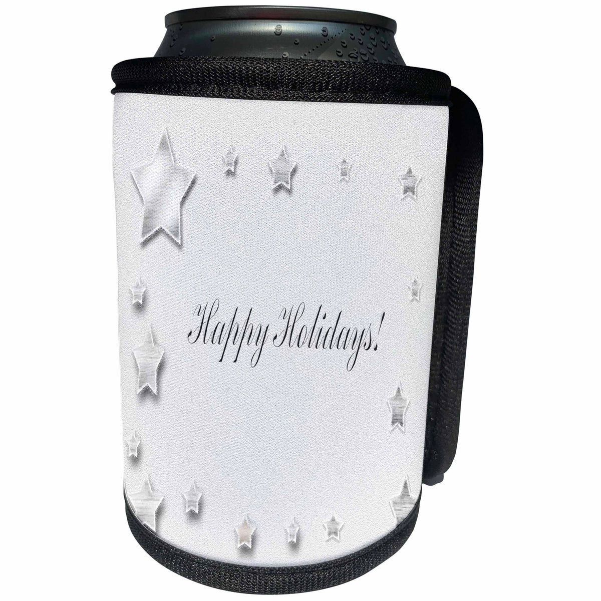 3dRose Beverly Turner Christmas Design - Silver Stars, Happy Holidays - Can Cooler Bottle Wrap (cc_32915)