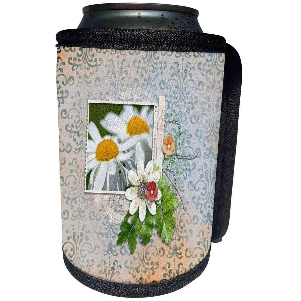 3dRose Image of Shasta Daisy Flowers in Flora Frame, Damask... - Can Cooler Bottle Wrap (cc_329159)