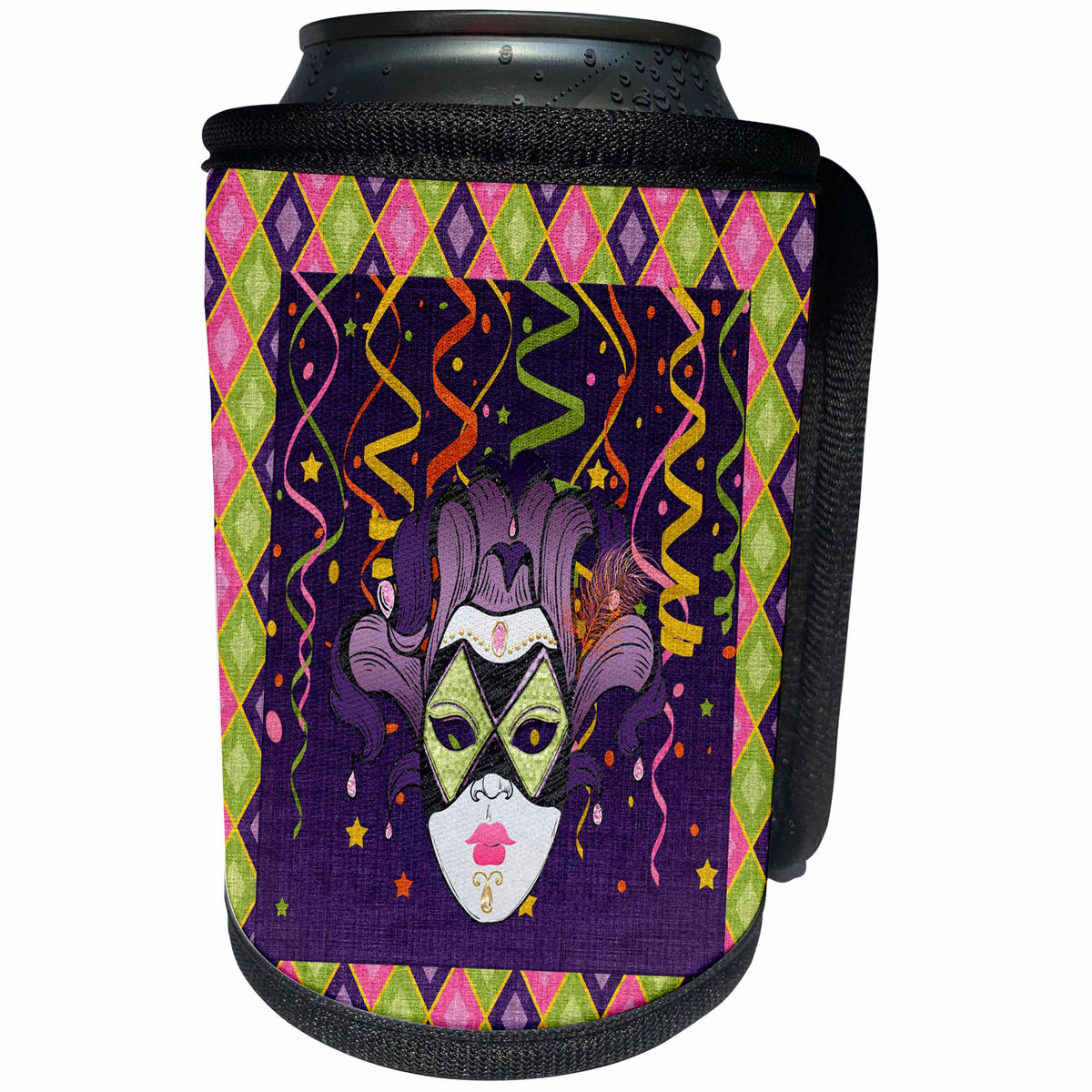 3dRose Image of Mask Face with Feather, Streamer Diamond... - Can Cooler Bottle Wrap (cc_329174)