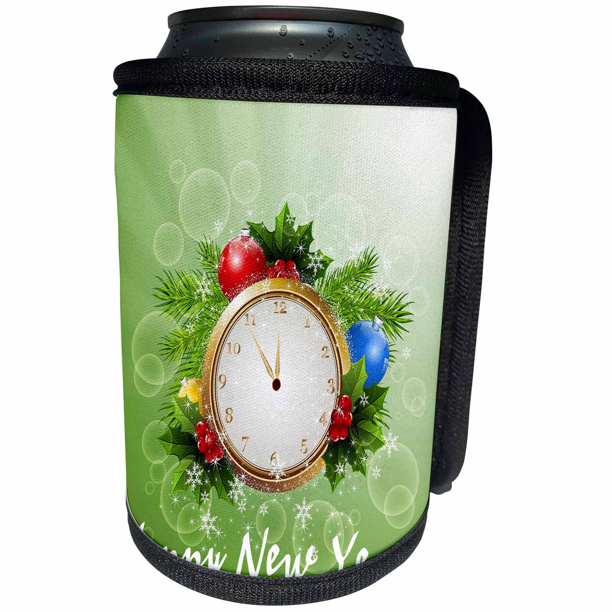 3dRose A clock and decorations on green background. Happy New... - Can Cooler Bottle Wrap (cc_335217)