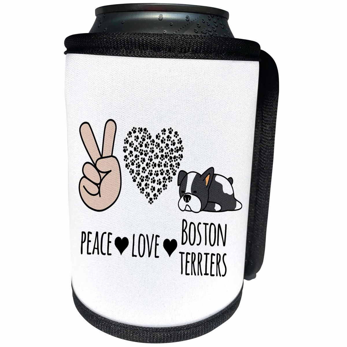 3dRose Peace Love Boston Terriers. Peace hand, paw heart, and... - Can Cooler Bottle Wrap (cc_337854)
