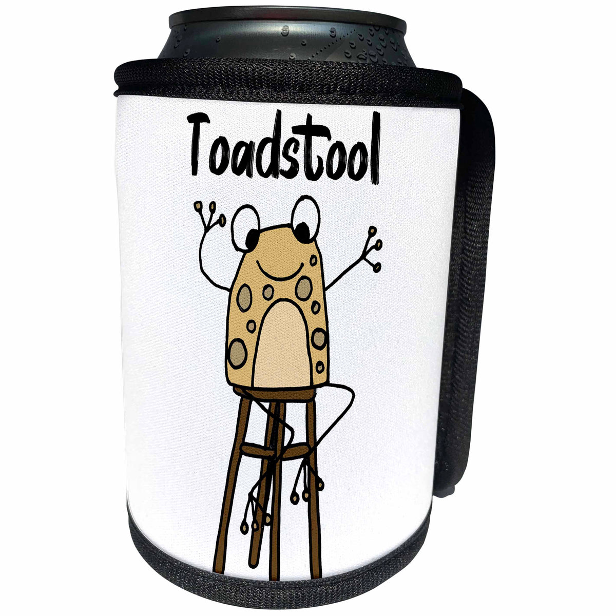 3dRose Cute Funny Toad sitting on Stool Toadstool Pun Cartoon - Can Cooler Bottle Wrap (cc_338258)