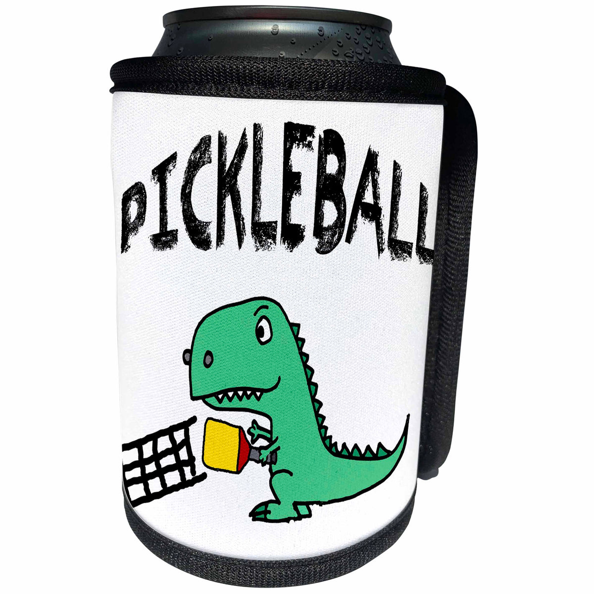 3dRose Funny Silly Green T-rex Dinosaur Playing Pickleball... - Can Cooler Bottle Wrap (cc_340984)