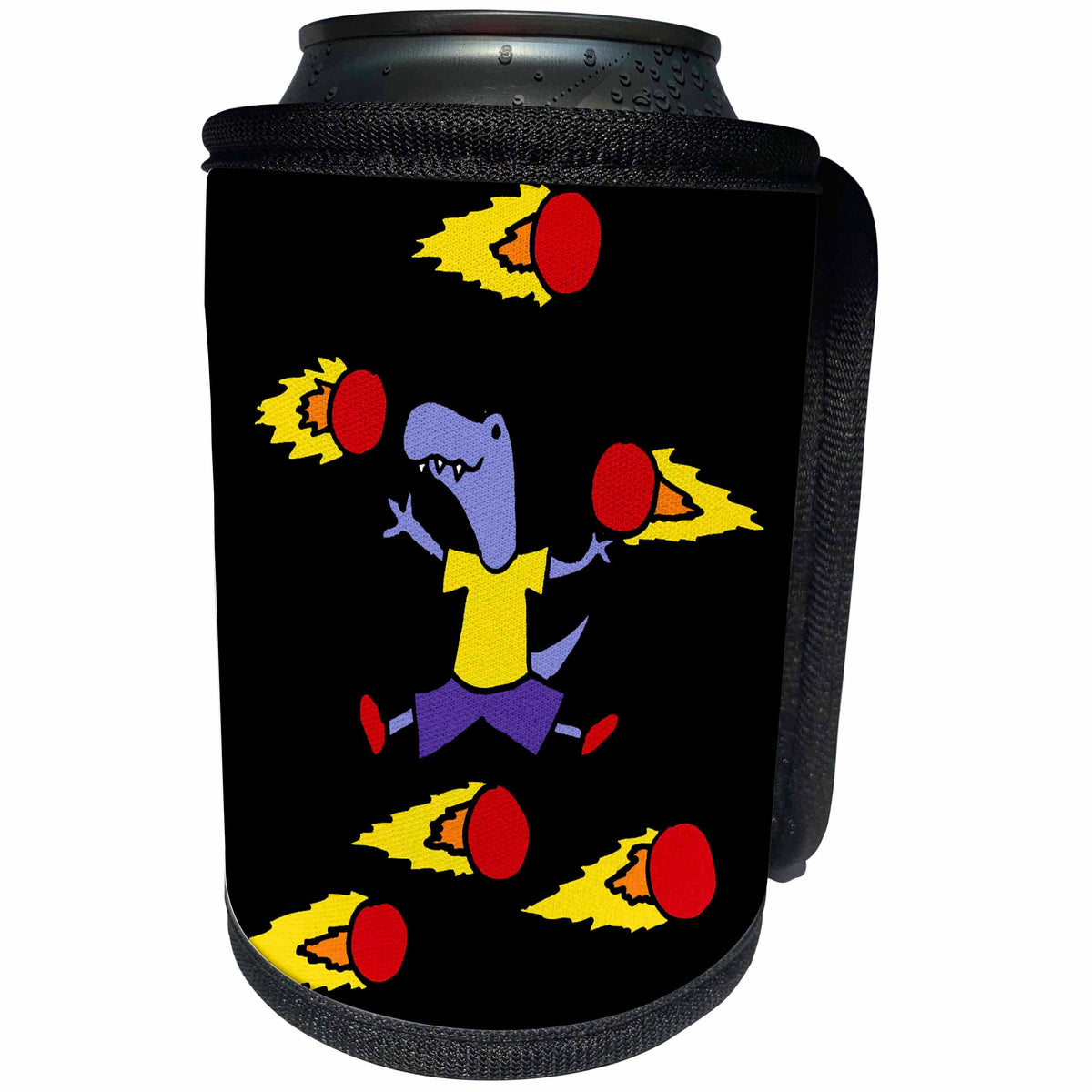 3dRose Funny Cute T-rex Dinosaur Dodging Meteors Cartoon - Can Cooler Bottle Wrap (cc_342257)