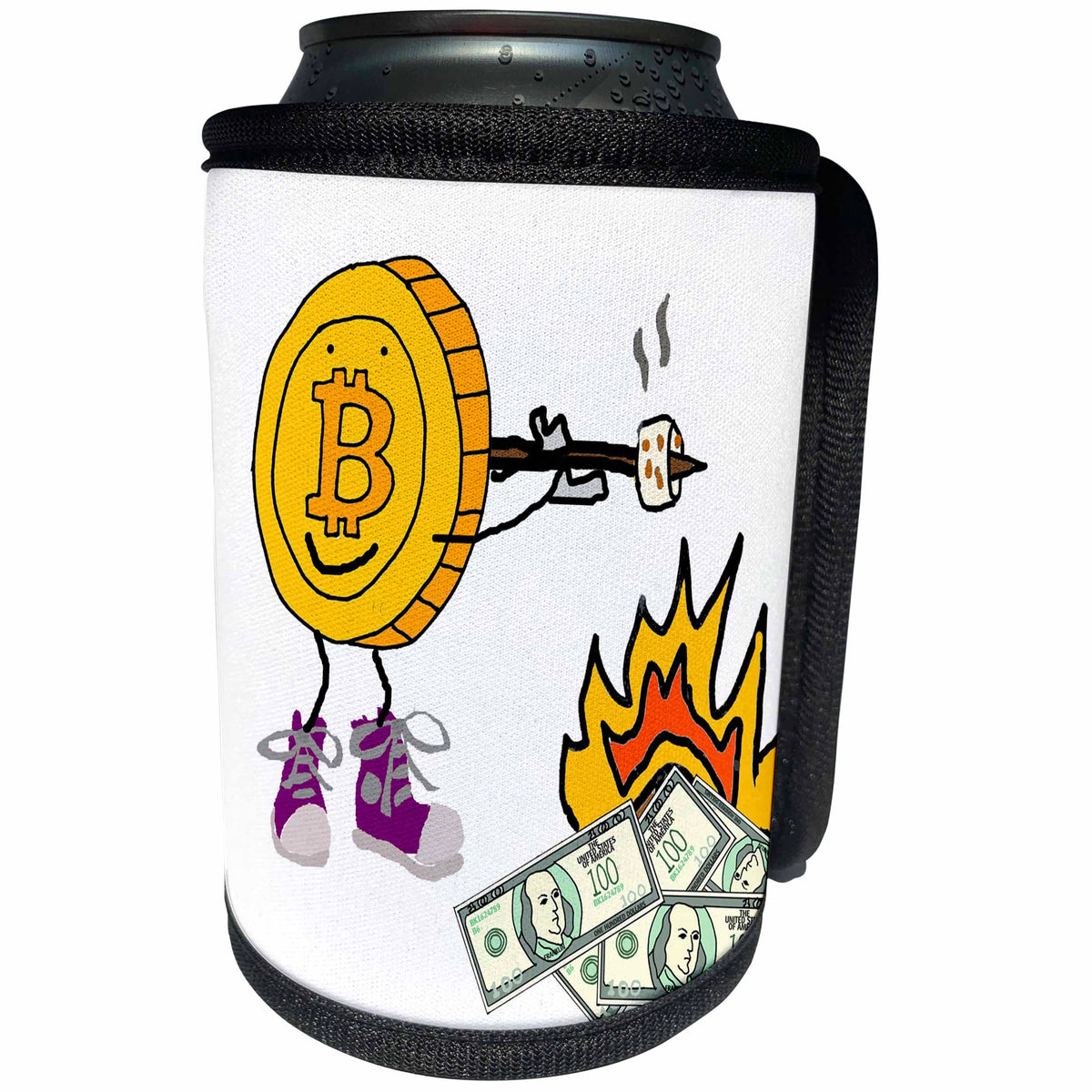 3dRose Funny Bitcoin Digital Currency Man roasting Dollar bill... - Can Cooler Bottle Wrap (cc_347514)