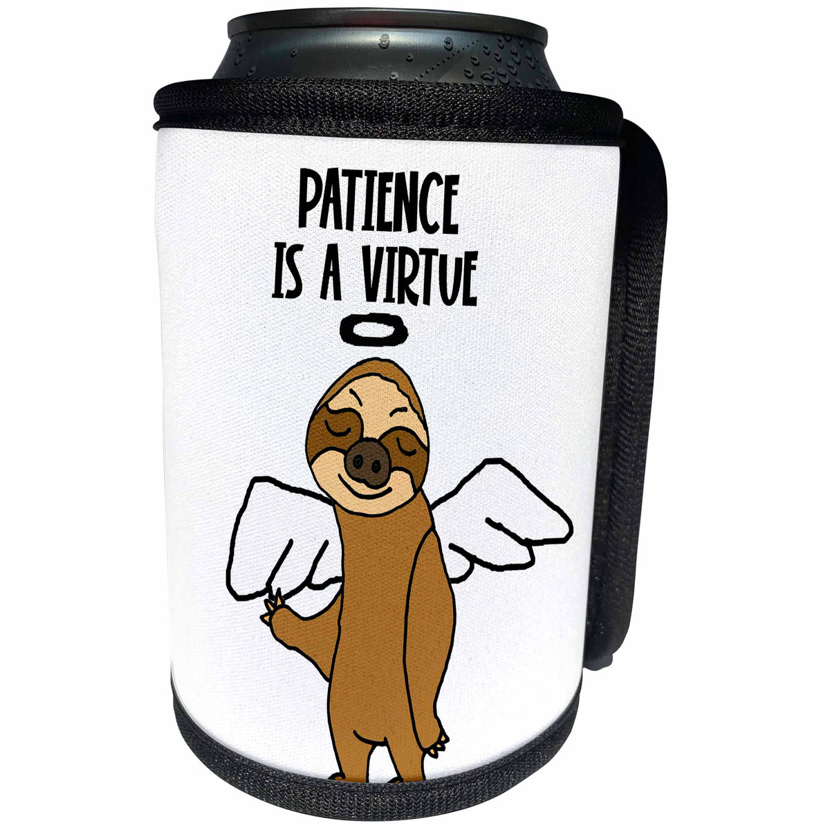3dRose Funny Cute Cool Sloth Angel Patience is a Virtue Cartoon - Can Cooler Bottle Wrap (cc_347530)