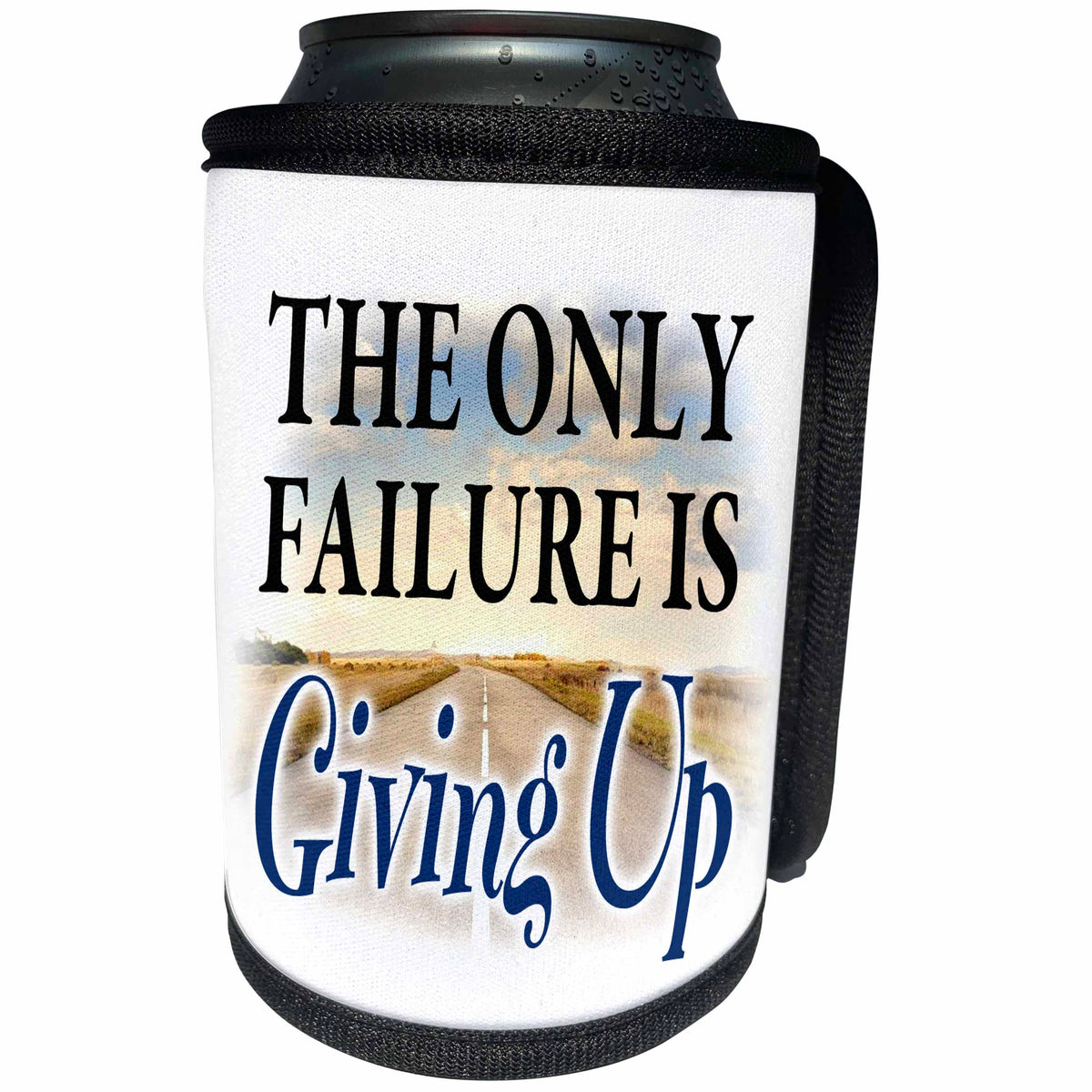 3dRose Image of Road Behind Words The Only Failure Is Giving Up - Can Cooler Bottle Wrap (cc_348617)