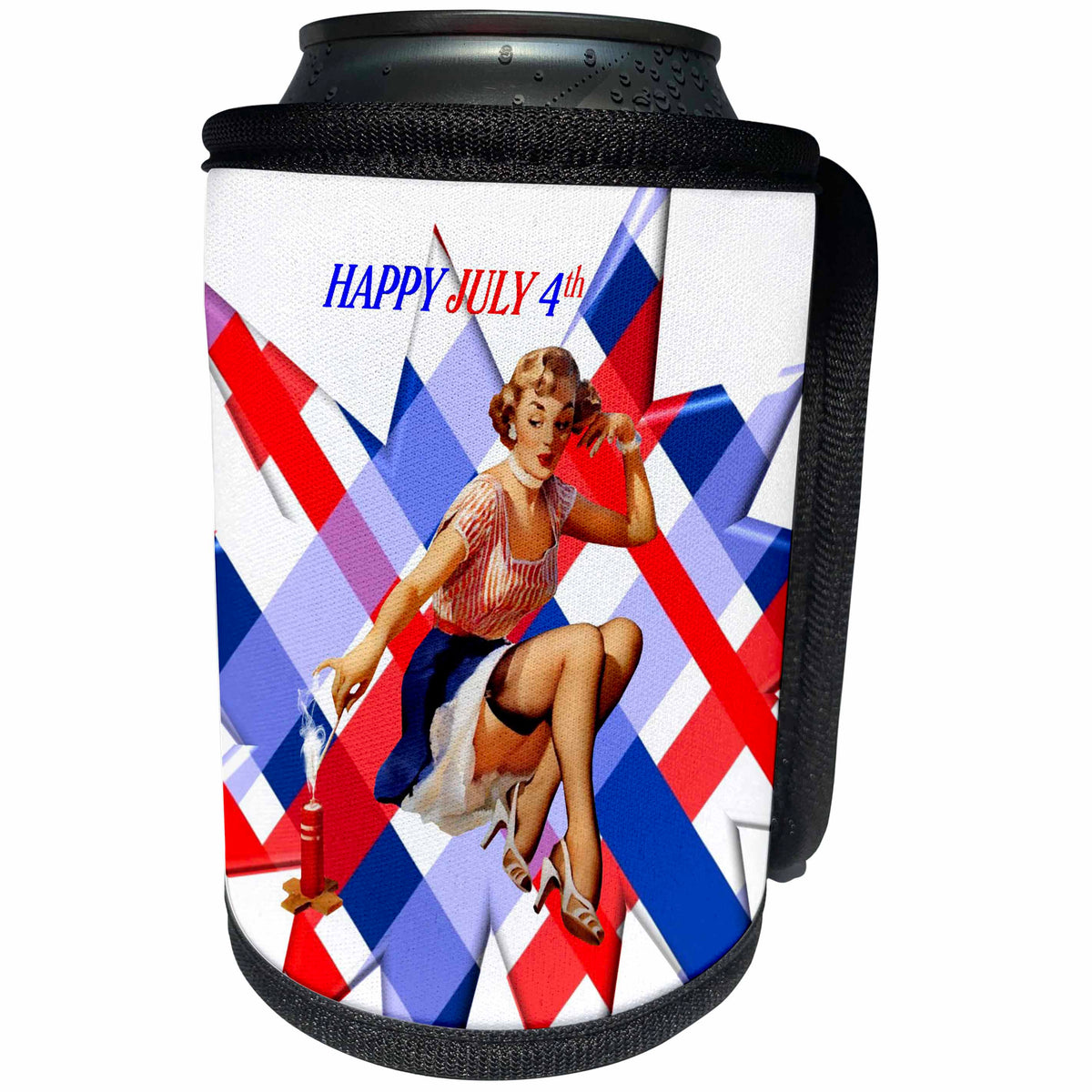 3dRose Image of Happy July Fourth With Pinup On Abstract Red... - Can Cooler Bottle Wrap (cc_349059)