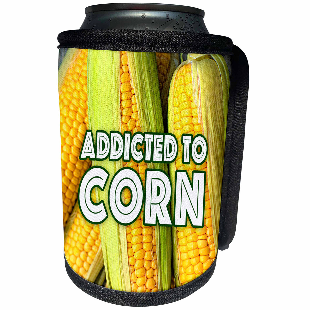 3dRose Image of Words Addicted to Corn with Corn Background - Can Cooler Bottle Wrap (cc_349096)