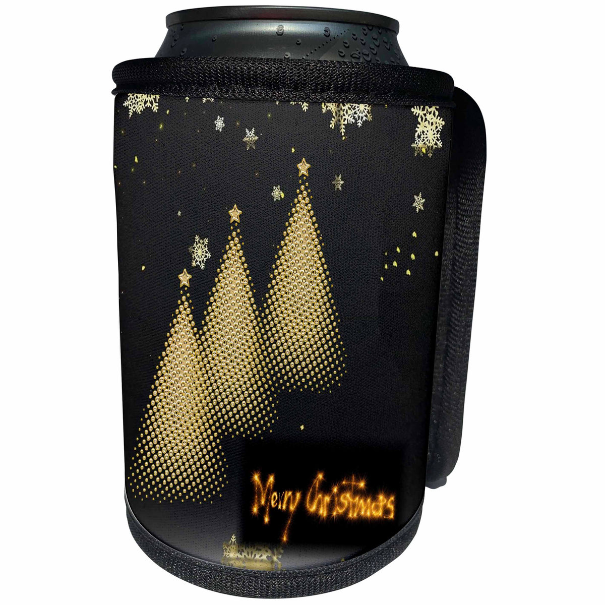 3dRose Image of Shiny Gold Merry Christmas Text With Three... - Can Cooler Bottle Wrap (cc_350191)