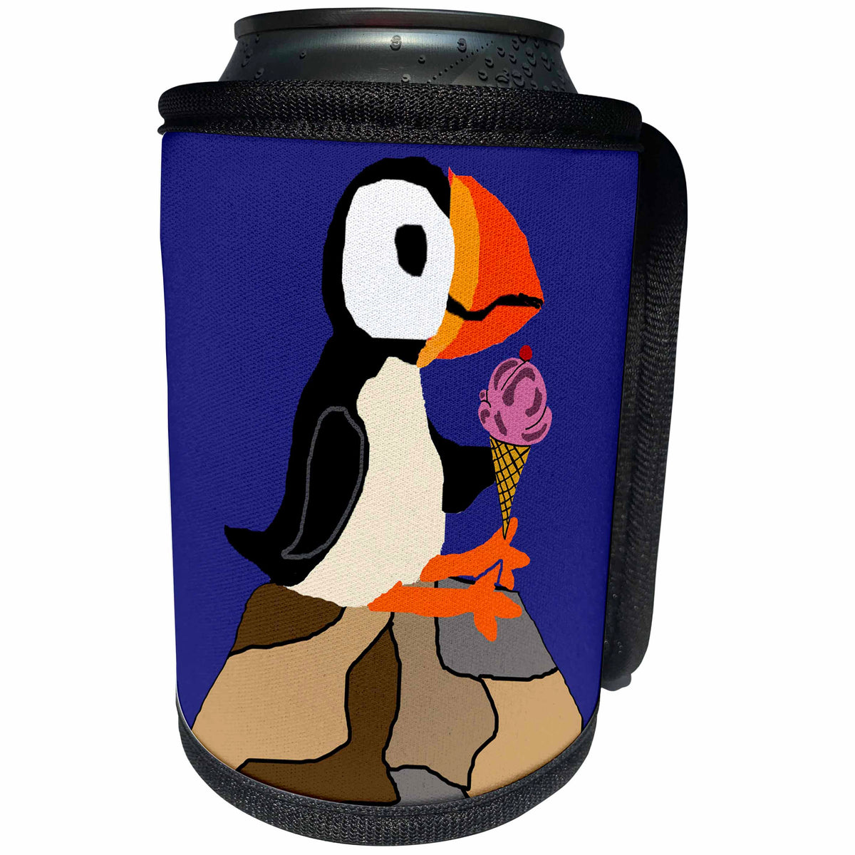 3dRose Funny Cute Cool Puffin Bird eating Ice Cream Cone... - Can Cooler Bottle Wrap (cc_351682)