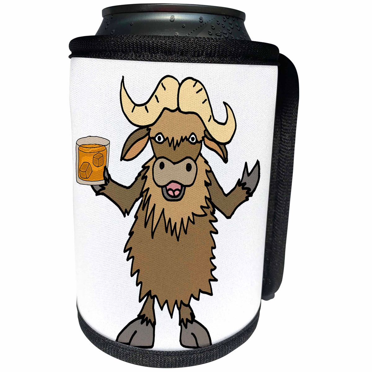 3dRose Funny Cute Musk Ox Drinking Scotch Whiskey Cartoon - Can Cooler Bottle Wrap (cc_352155)