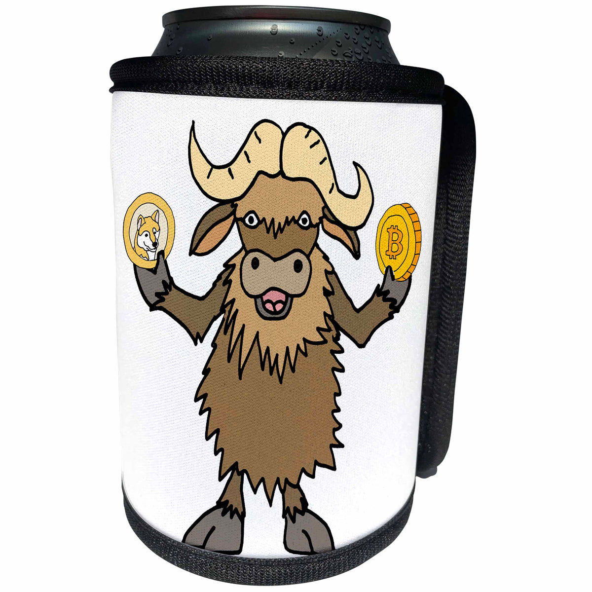 3dRose Funny Cute Musk Ox holding Bitcoin and Dogecoin Crypto... - Can Cooler Bottle Wrap (cc_352156)