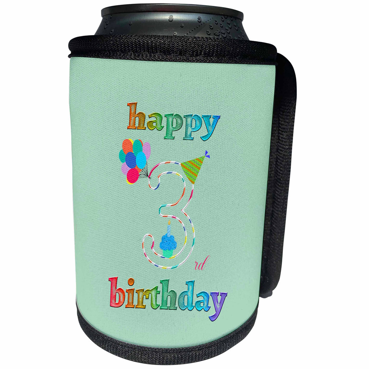 3dRose Happy 3rd Birthday, Cupcake with Candle, Balloons, Hat,... - Can Cooler Bottle Wrap (cc_352168)