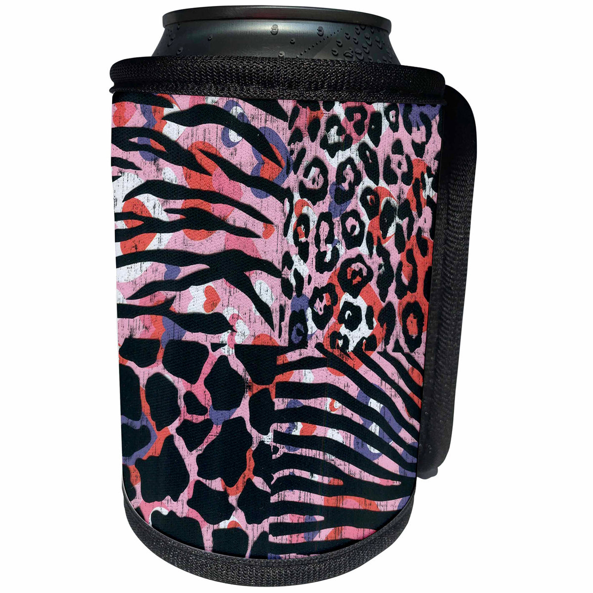 3dRose Florene Decorative - Black Animal Prints in Hearts - Can Cooler Bottle Wrap (cc_35363)