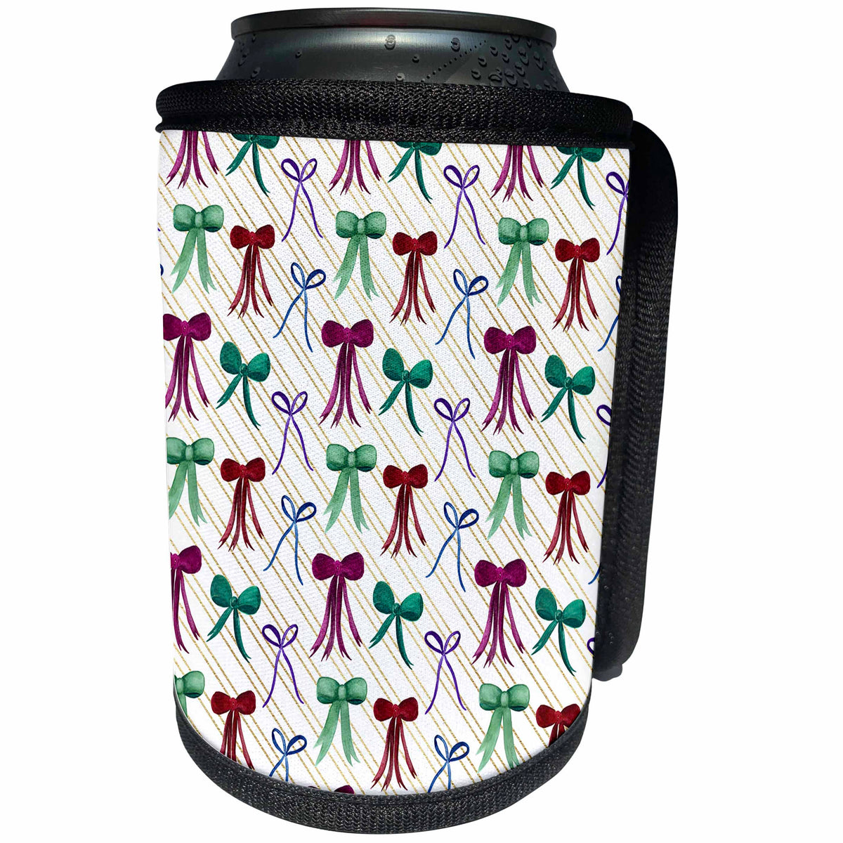 3dRose Pattern of red, green, blue bow knots, diagonal yellow... - Can Cooler Bottle Wrap (cc_354481)