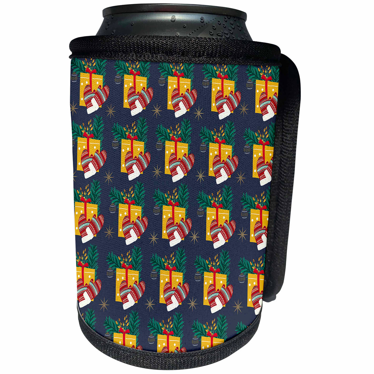 3dRose Pattern of gift boxes, mittens, green needles, stars,... - Can Cooler Bottle Wrap (cc_354482)