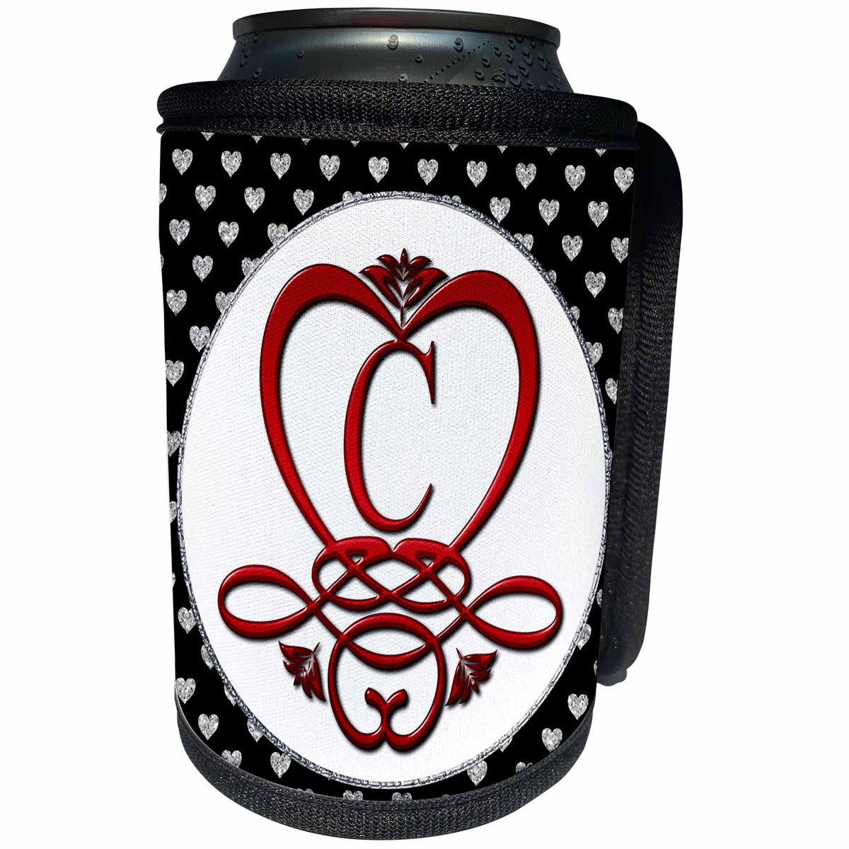 3dRose Monogram Initial C Red Heart Flourish - Can Cooler Bottle Wrap (cc_354734)