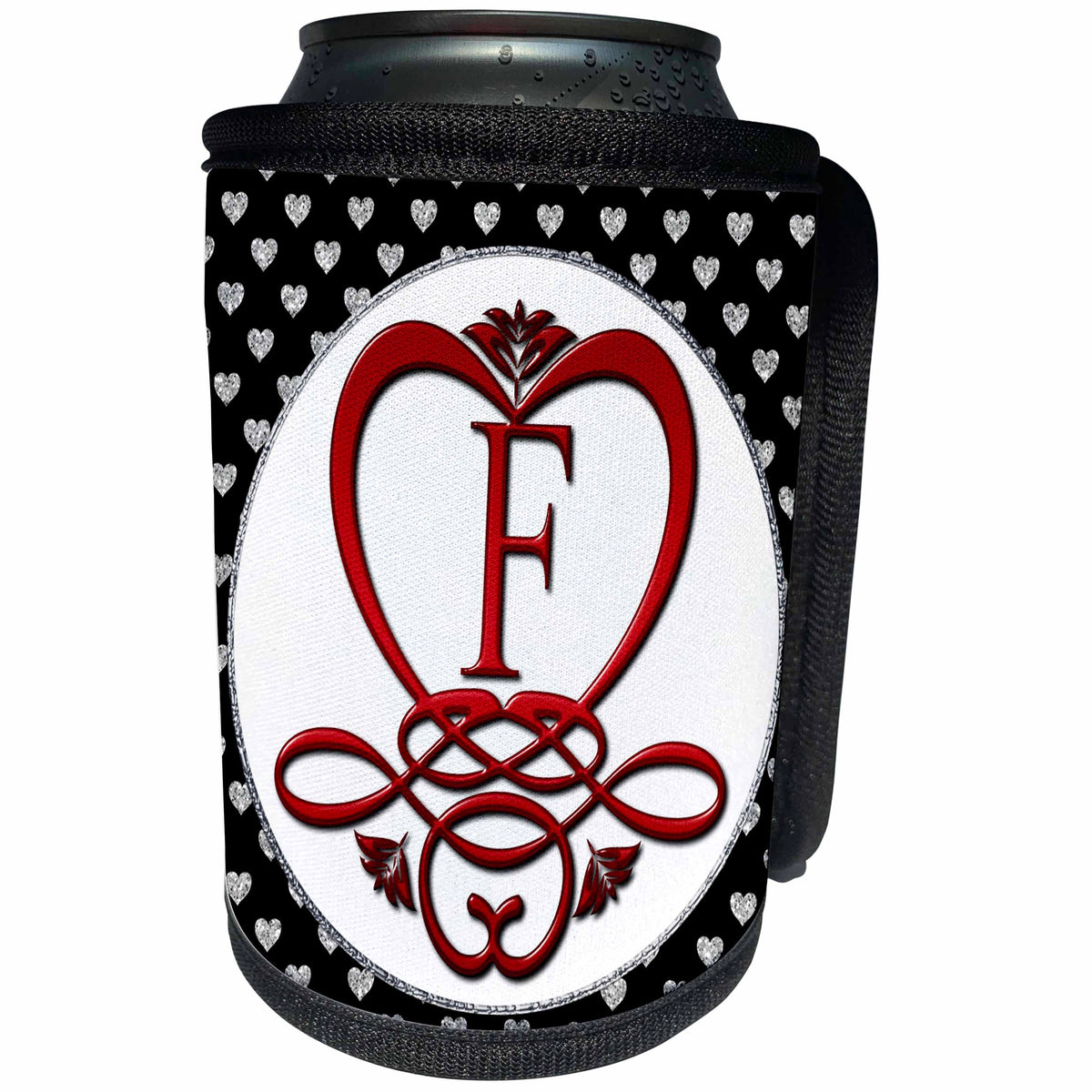 3dRose Monogram Initial F Red Heart Flourish - Can Cooler Bottle Wrap (cc_354736)