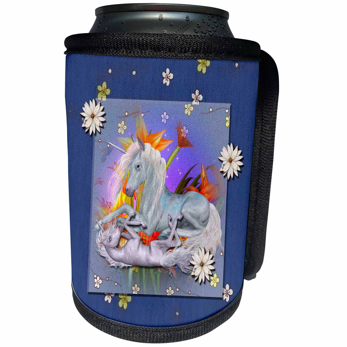 3dRose Pretty laying down Unicorn with flower highlights - Can Cooler Bottle Wrap (cc_356689)